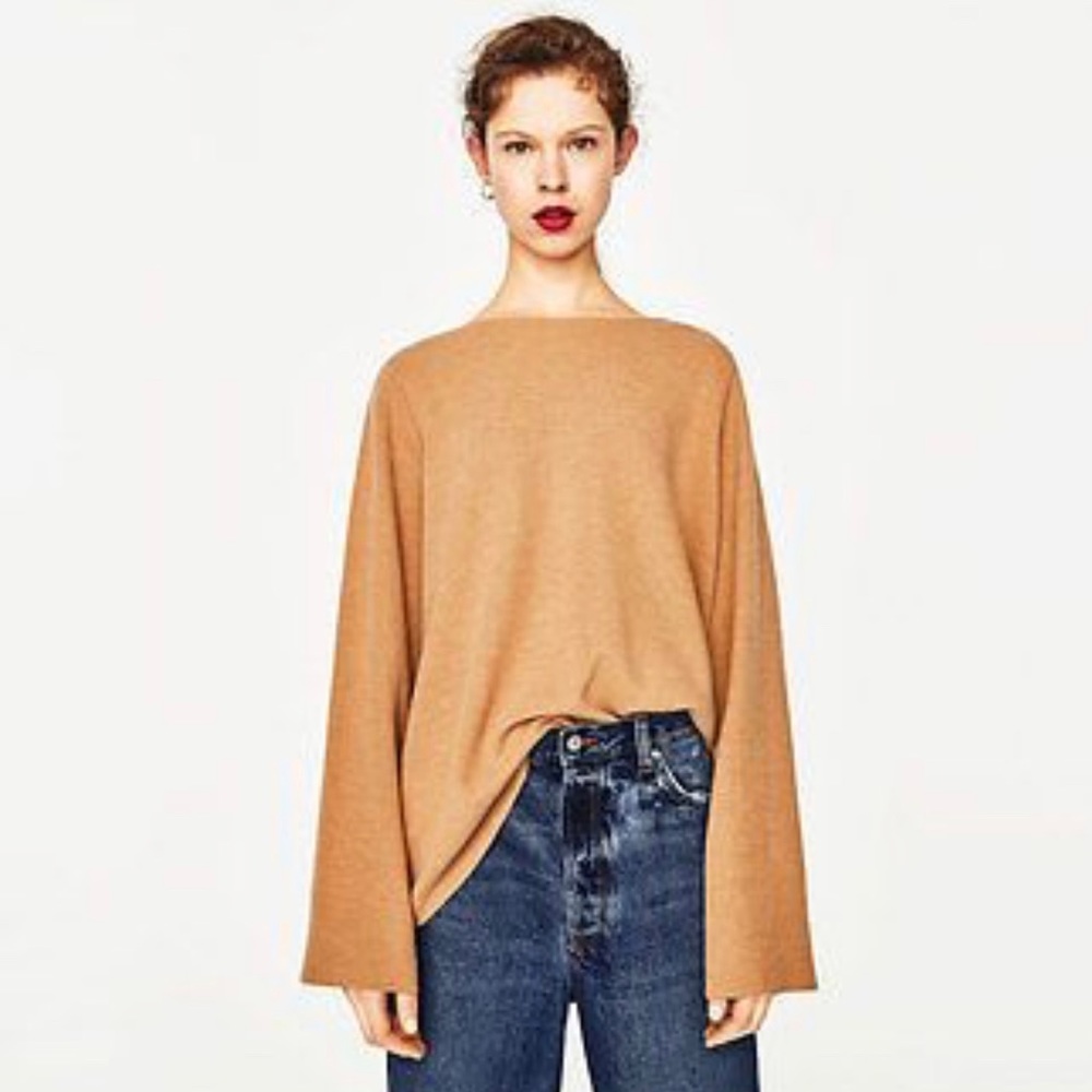 Tan Raw Hem Bell Sleeve Sweater Zara